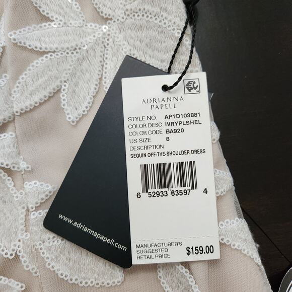 NWT Adrianna Papell Sequin Off-The-Shoulder Dress Ivory Size 8 - Picture 3 of 5